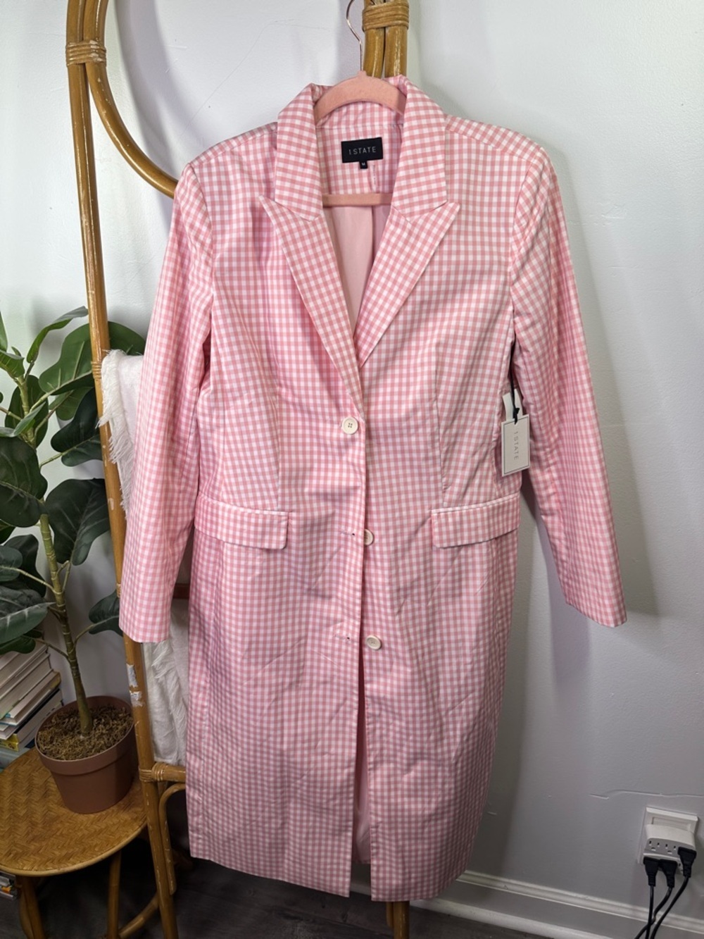 NWT 1. State Pink Check Longline Trench Coat Jacket sz M